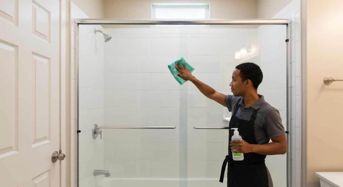 Cleaner using microfiber cloth and non-toxic cleaner on new glass surfaces in Orlando apartment