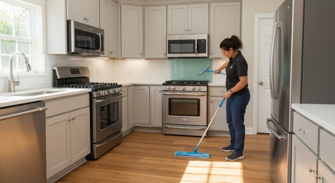 Cleaner mopping new floors in modern Orlando kitchen with specialized tools