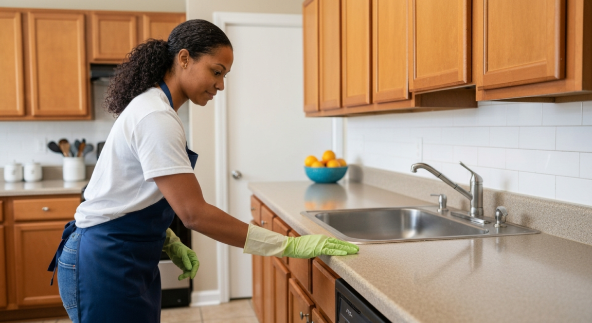 Professional cleaner inspecting Orlando kitchen after post-renovation deep cleaning for quality assurance