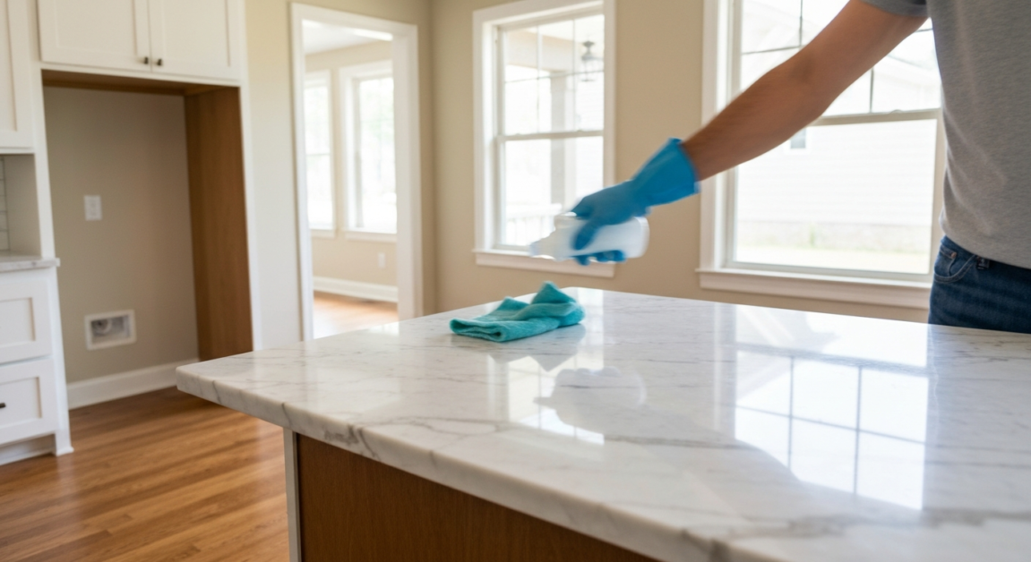 Professional cleaning a marble countertop using a red microfiber cloth, demonstrating safe techniques.