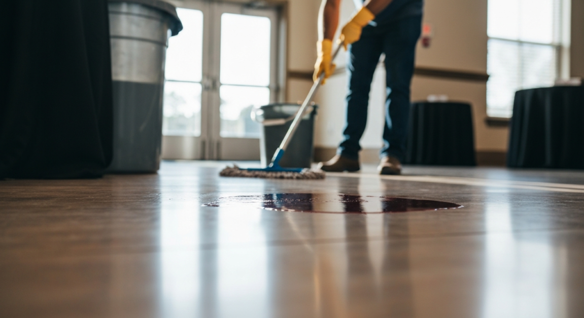 Cleaning a red wine spill from a hard floor in an Orlando event space.