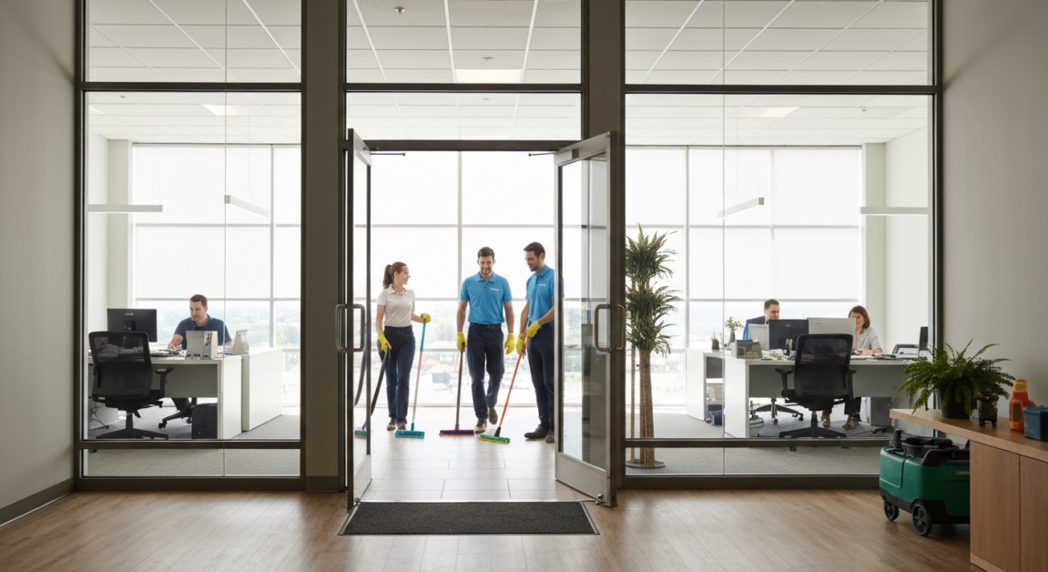 Professional cleaning team arriving at an Orlando office, ready to minimize disruption.