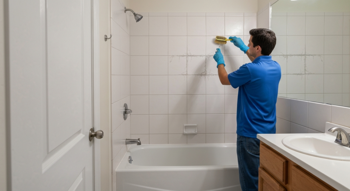 Cleaner scrubbing grout in an Orlando bathroom, showing steps for a sanitized and spotless result.