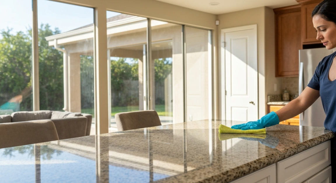 Applying pH-balanced cleaner on granite in a kitchen with glass windows, depicting safe cleaning processes.