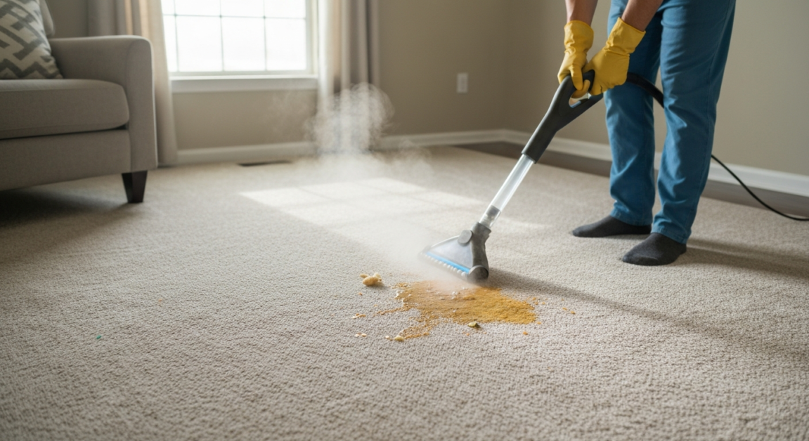 Steam cleaning carpet stains in an Orlando home after a party.