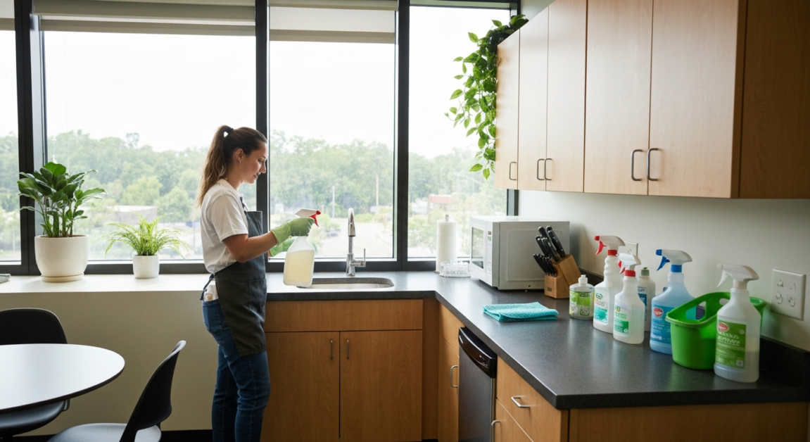 Using eco-friendly cleaning supplies in an Orlando office breakroom.
