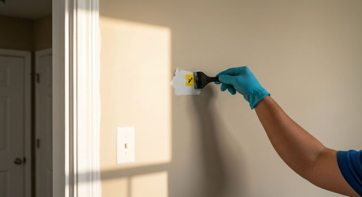 Removing adhesive sticker from a painted wall with a plastic scraper, highlighting gentle surface care.