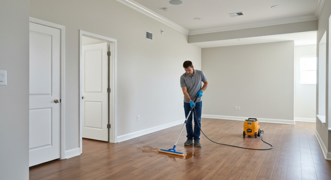 Professional cleaner treating a severe floor stain in an Orlando apartment with advanced equipment.