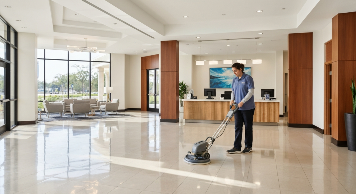 Orlando office floor being meticulously cleaned for inspection readiness.