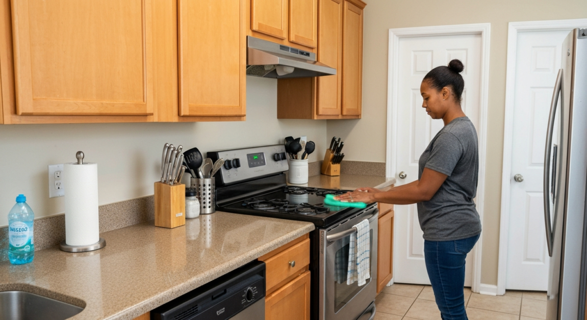 Homeowner in Orlando home kitchen completing courtesy cleaning of countertops and appliances.