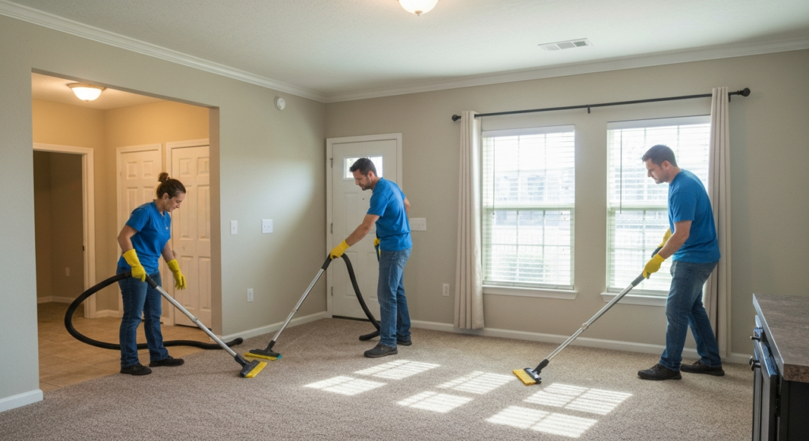 Professional cleaners in an Orlando apartment ensuring thorough move-out cleaning with specialized tools.