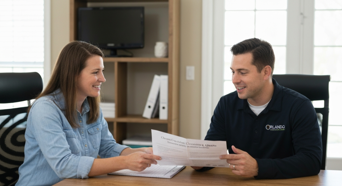 Homeowner and representative discussing a detailed cleaning service quote in an Orlando home office