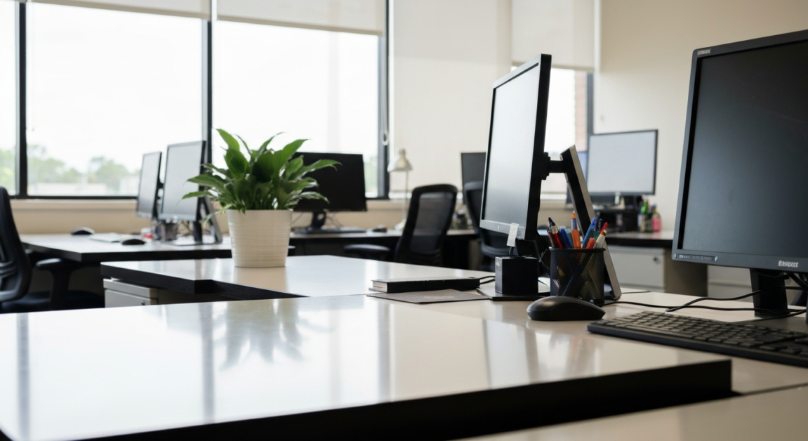 Clean office desk with dust-free surfaces and fresh ambiance