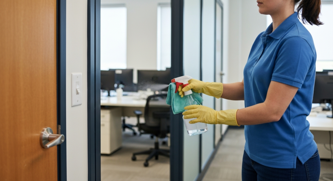 Cleaner sanitizing office door handles and switches