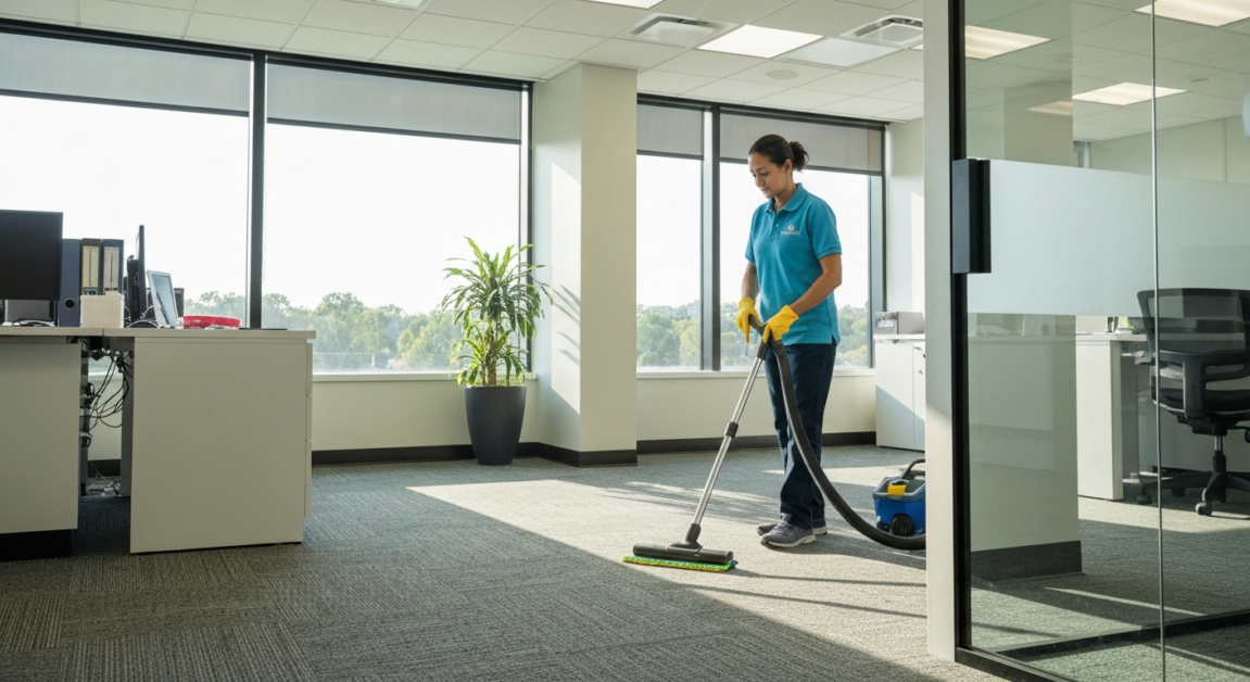 Cleaner vacuuming office carpet showing regular floor maintenance