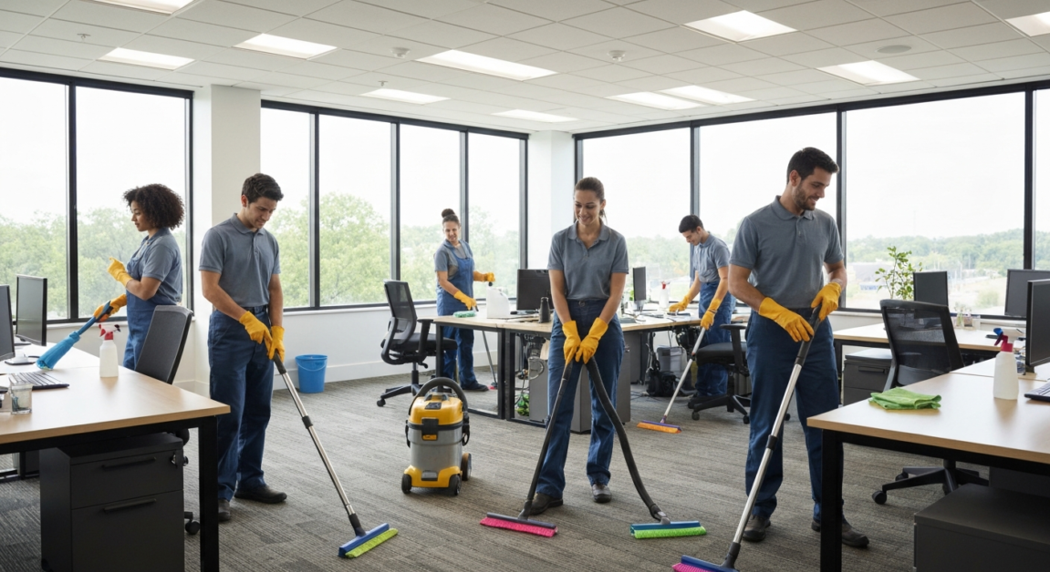 Professional cleaning team working in an Orlando office, showcasing efficiency and reliability.