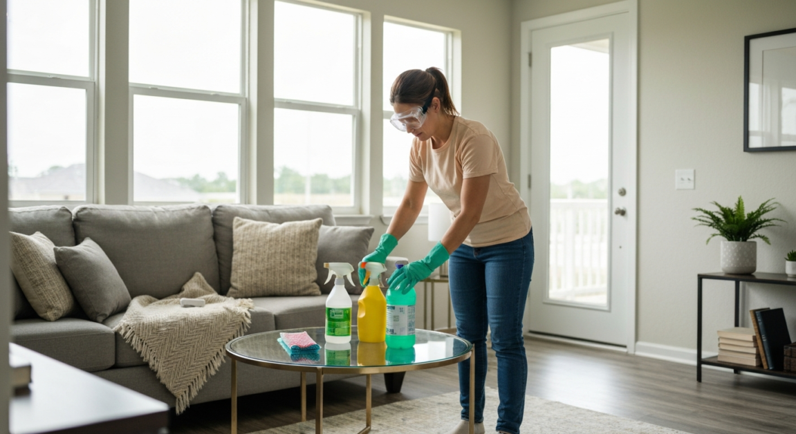 Professional cleaner in an Orlando home using safety gear and eco-friendly supplies.