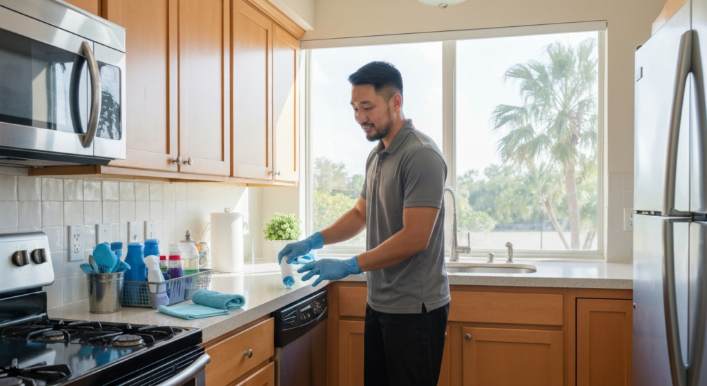 Professional cleaner removing hardened construction dust from surfaces by All Great Cleaner – Professional Cleaning Services in Orlando