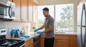 Professional cleaner removing hardened construction dust from surfaces by All Great Cleaner – Professional Cleaning Services in Orlando