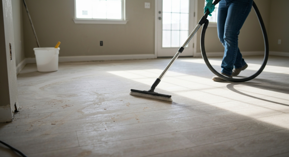 Professional cleaning of hardened construction dust in Orlando home with vacuum cleaner and soft brush attachment.