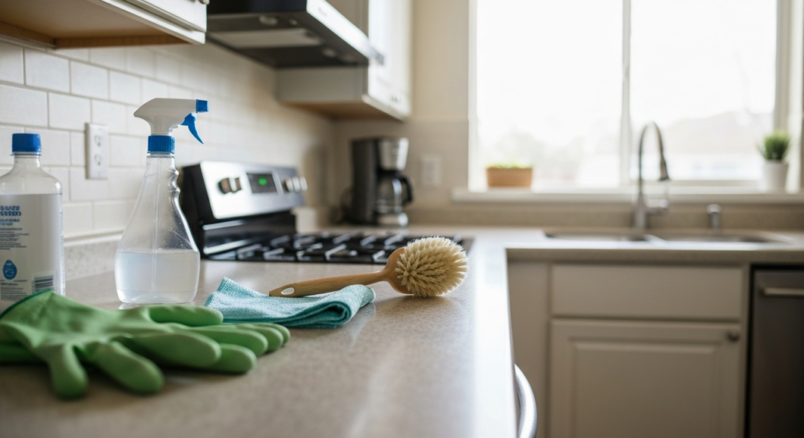 Selection of soft-bristled brush, microfiber cloth, and spray bottle for cleaning sensitive surfaces in Orlando kitchen.
