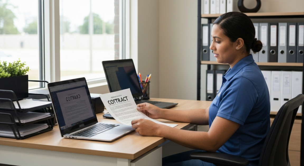 Property manager reviewing contract paperwork in Orlando office to clarify post-construction cleaning responsibilities