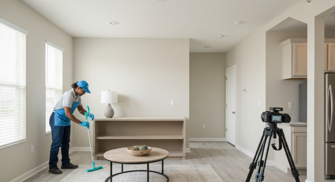 Professional cleaner ensuring inspection-ready results in an Orlando residence after post-construction cleaning.