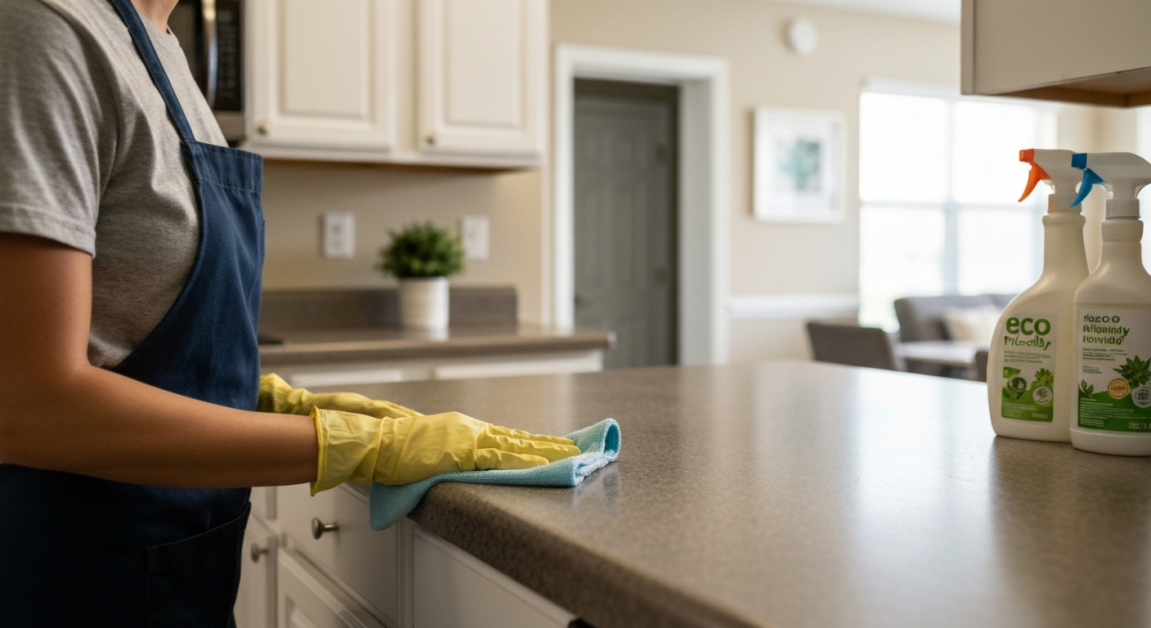 Professional cleaner in Orlando cleaning a kitchen countertop, ensuring a move-out clean is inspection-ready.