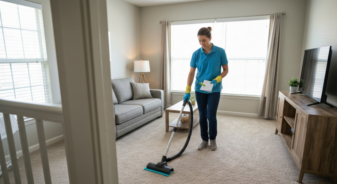 Professional cleaner in Orlando vacuuming an apartment living room as part of a detailed move-out cleaning checklist.
