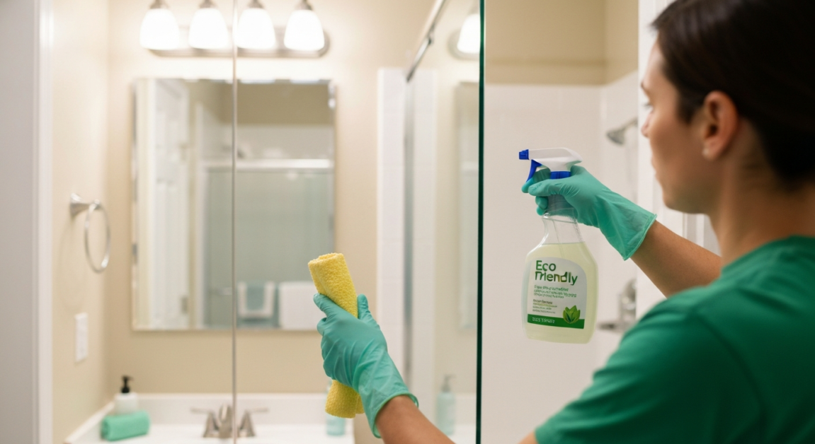 Professional eco-friendly cleaning of a bathroom in an Orlando residence, ensuring safety and efficacy.
