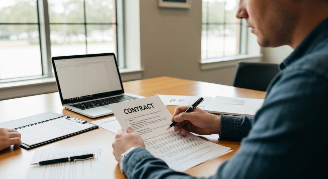 Person reviewing a venue rental agreement with focused expression, in an Orlando meeting room.