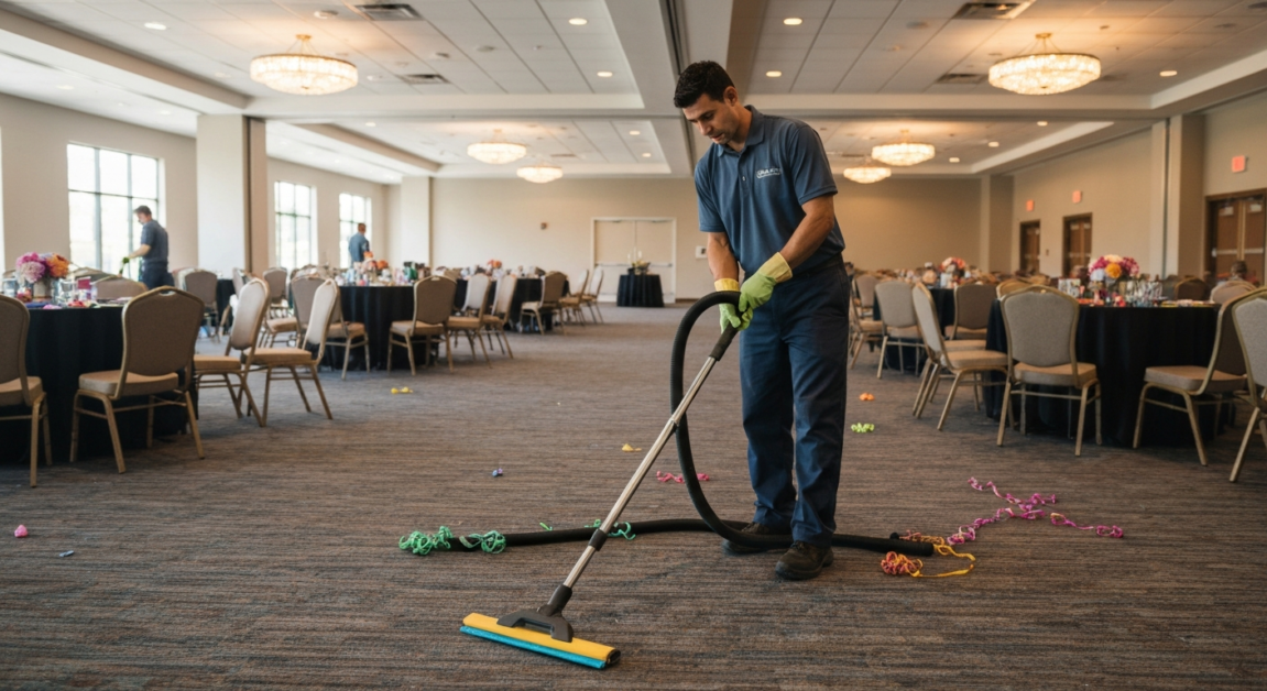 Professional cleaner vacuuming an event space in Orlando after a gathering.