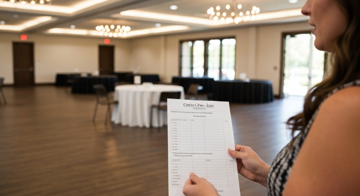 Person holding a checklist during a pre-event walkthrough at a venue in Orlando.