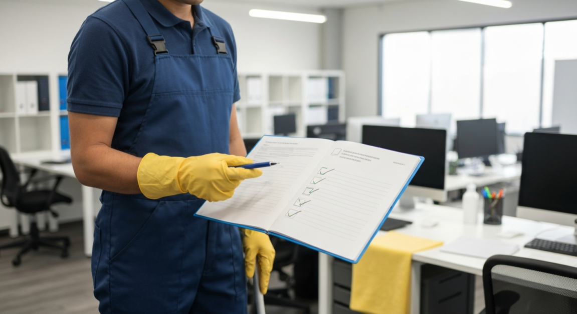 Professional cleaner with a checklist in an Orlando office, ensuring all cleaning tasks are completed