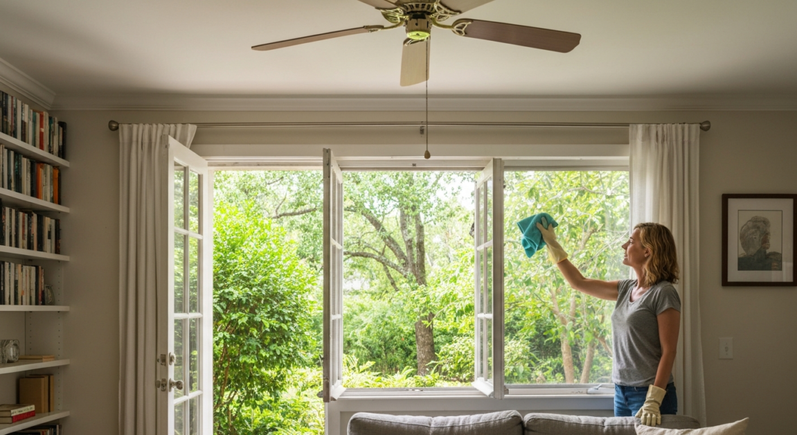 Professional cleaner dusting a ceiling fan in an Orlando home's living room, emphasizing the effect of humidity.