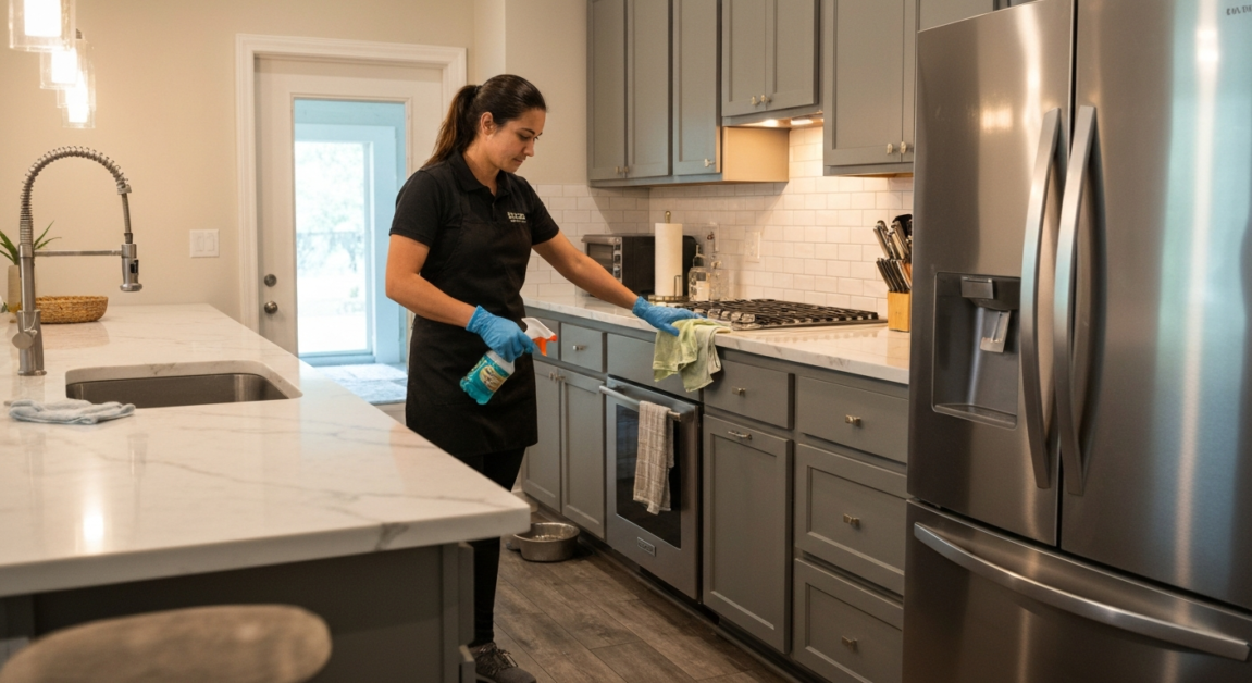Professional cleaner disinfecting kitchen surfaces in an Orlando home, suited for pet and child care needs.