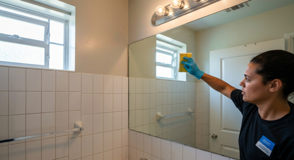 Cleaner achieving a spotless mirror and tiles in Orlando apartment bathroom, showing deep cleaning results.
