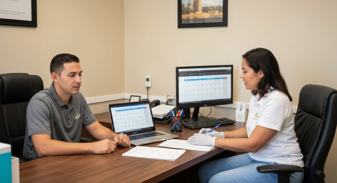 Property manager collaborating with a cleaner to discuss cleaning schedules in an Orlando office.