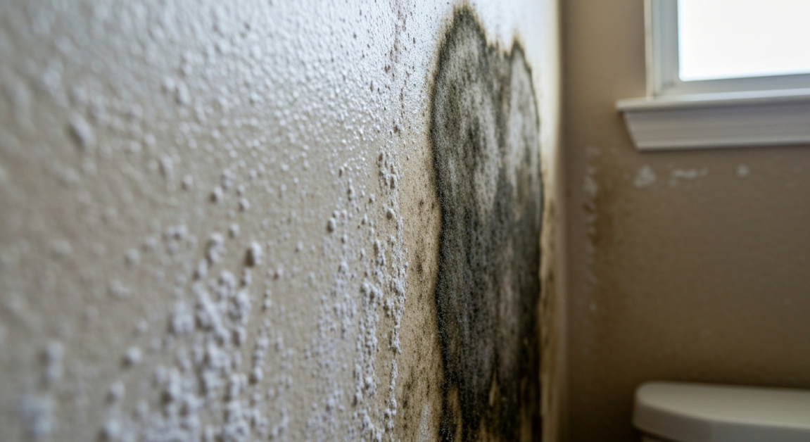 Close-up of mildew and mold on a bathroom wall, showing clear texture and color differences.