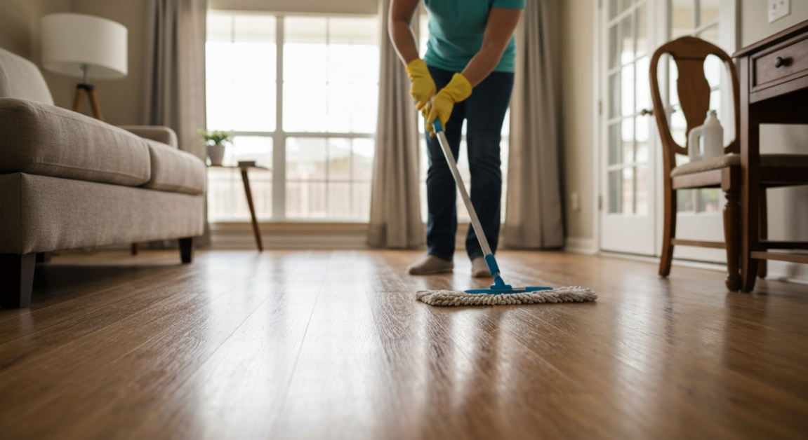 Non-slip wooden floor in Orlando home being cleaned with eco-friendly products.