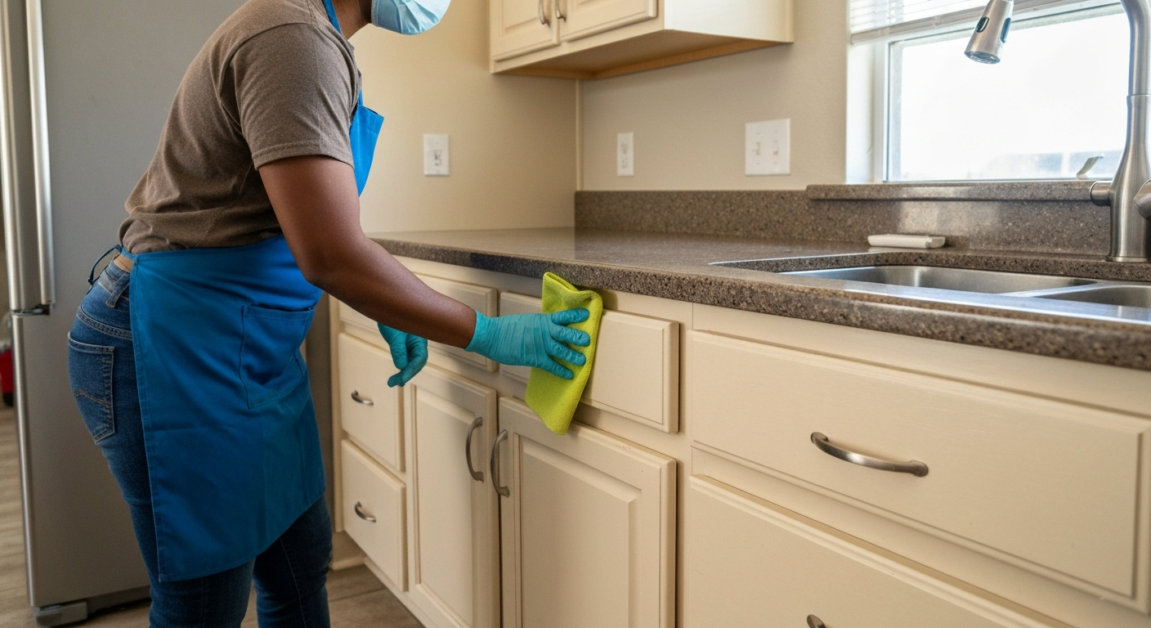 Cleaner sanitizing high-touch areas in an Orlando kitchen, ensuring hygiene.