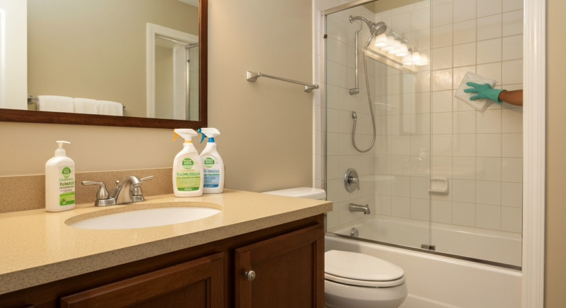 Eco-friendly cleaning products used in an Orlando bathroom for senior-friendly hygiene.