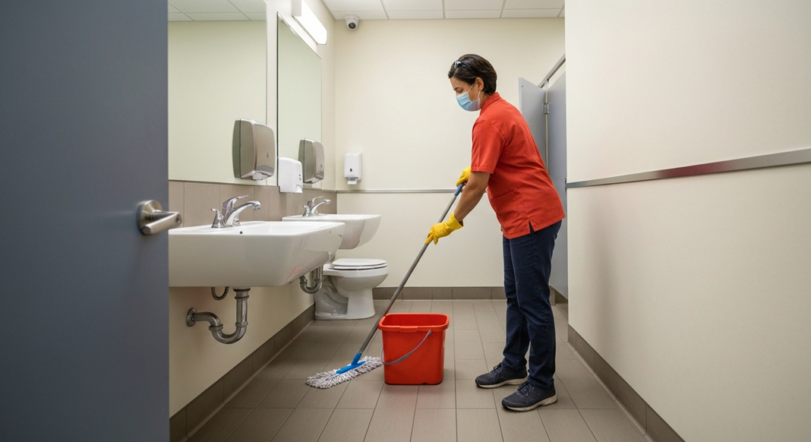 Professional cleaner using a mop in an Orlando medical office restroom, ensuring compliance with standards.