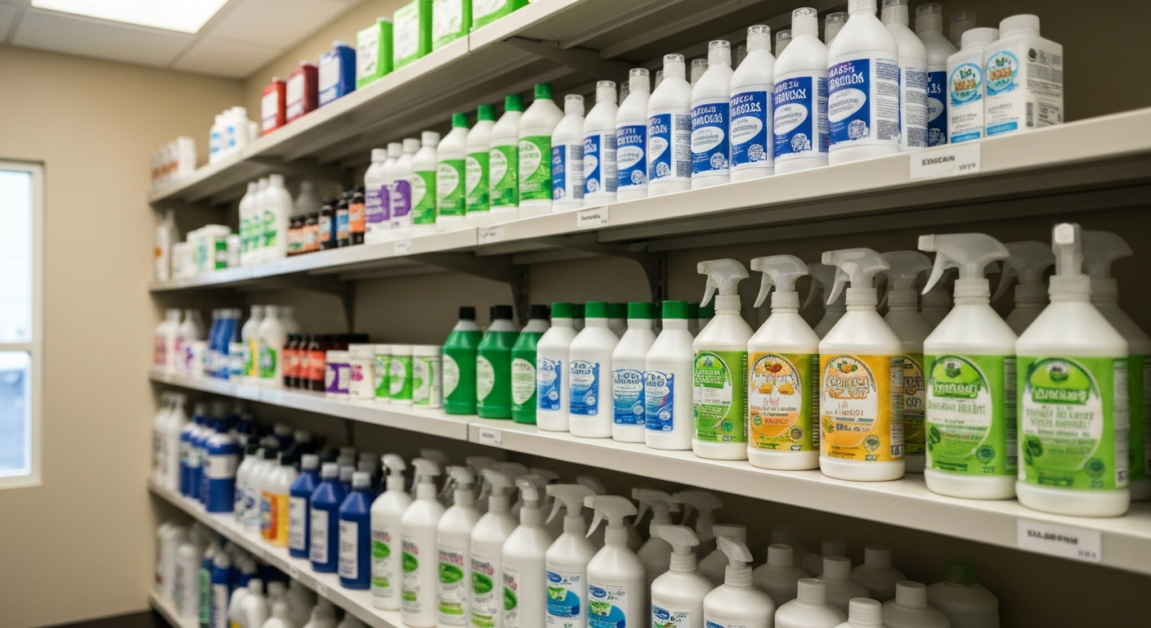 Eco-friendly cleaning products on shelves in an Orlando medical office, emphasizing safety and environmental care.