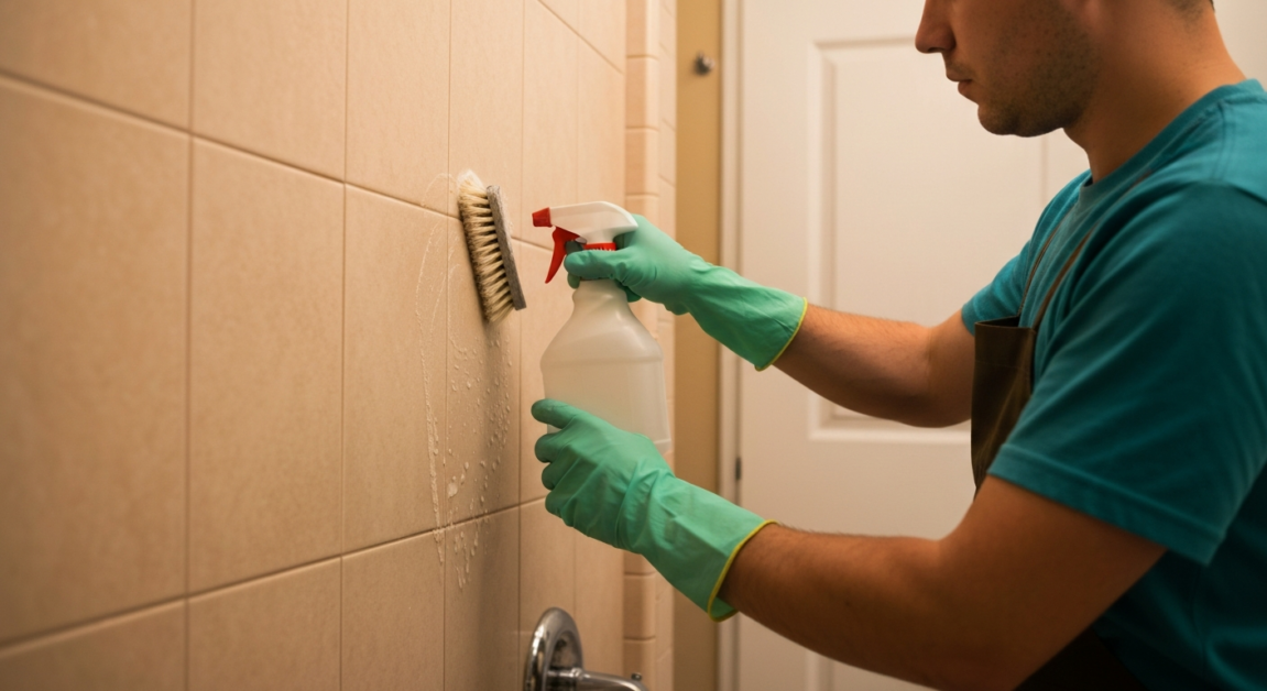 Professional cleaner scrubbing mildew from shower tiles with eco-friendly cleaner.
