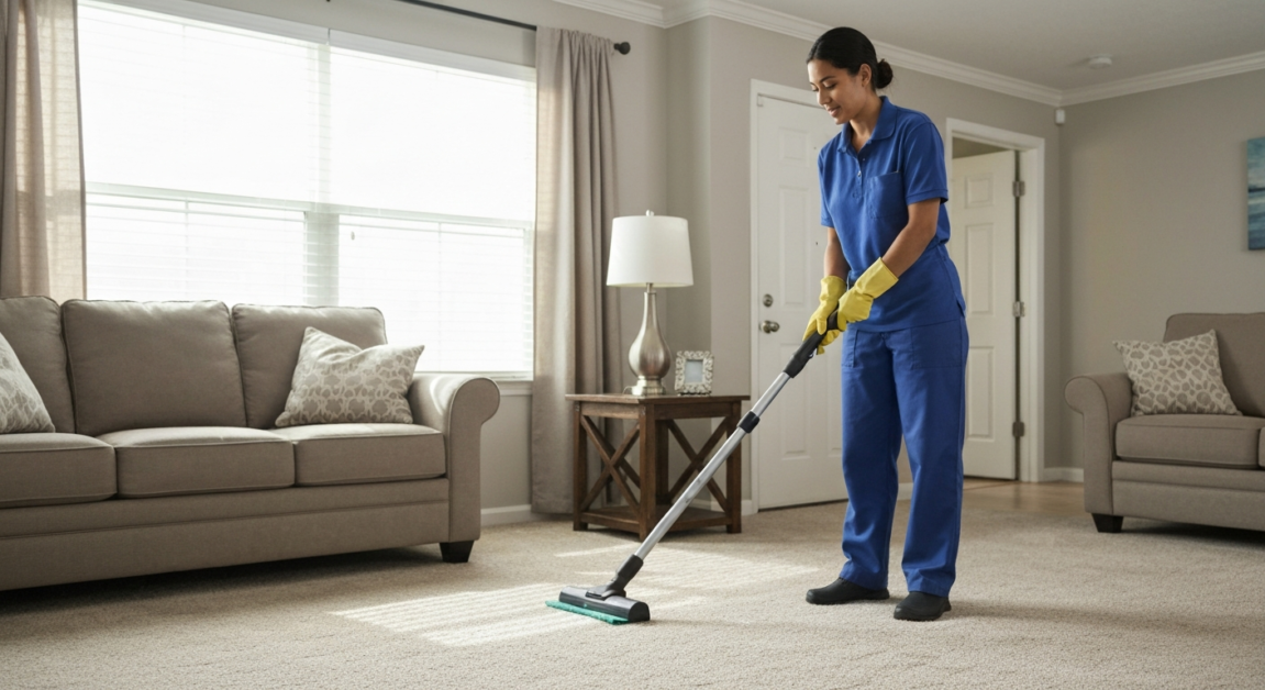 Professional cleaner vacuuming a living room in Orlando with natural lighting and attention to detail