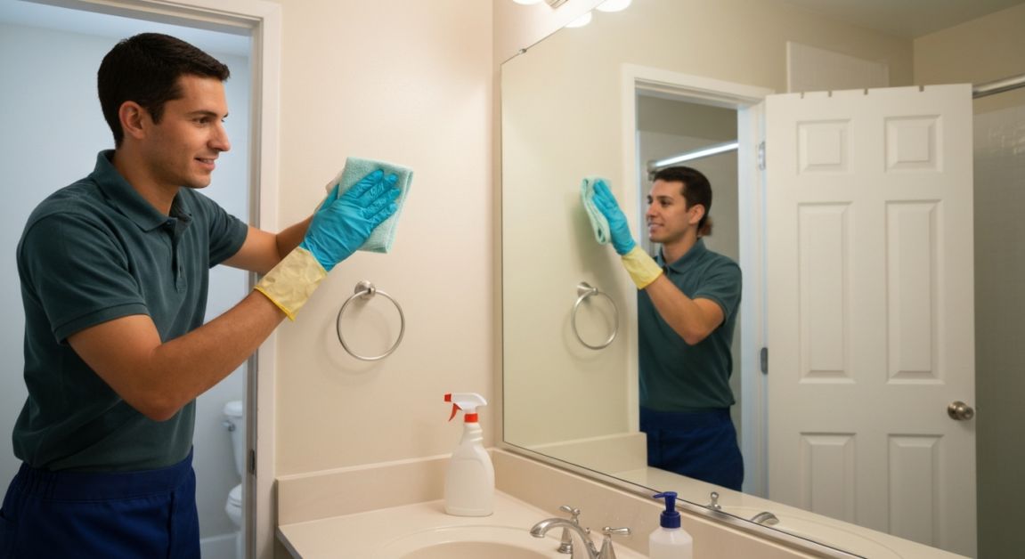 Orlando bathroom being cleaned with attention to insurance and safety practices by a professional cleaner