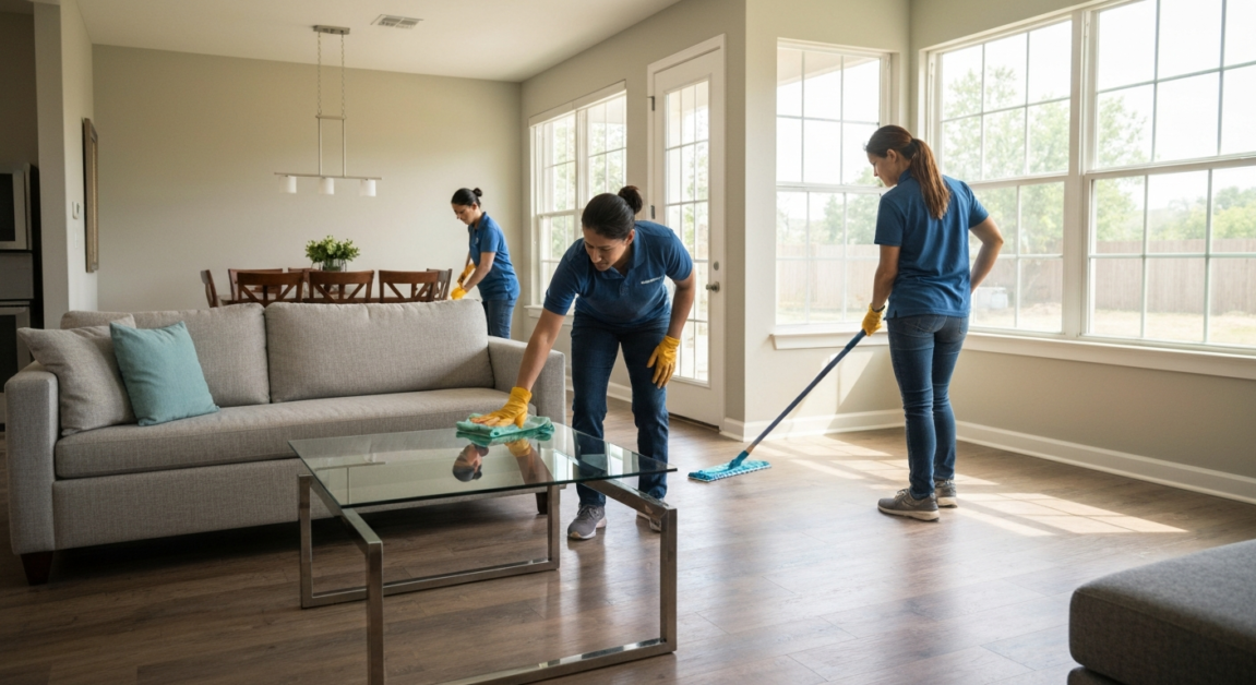 Professional cleaner dusting and polishing glass in an Orlando living room with hardwood floors being mopped, showing detailed cleaning process.