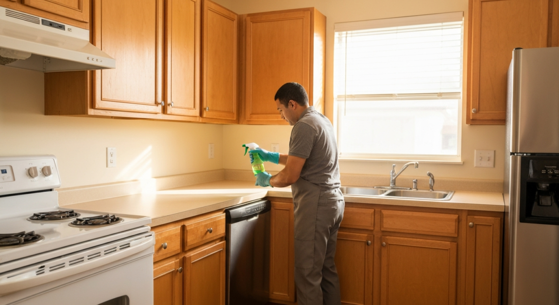 Professional cleaner sanitizing kitchen cabinets in an Orlando home, showcasing thorough cabinet and surface cleaning.