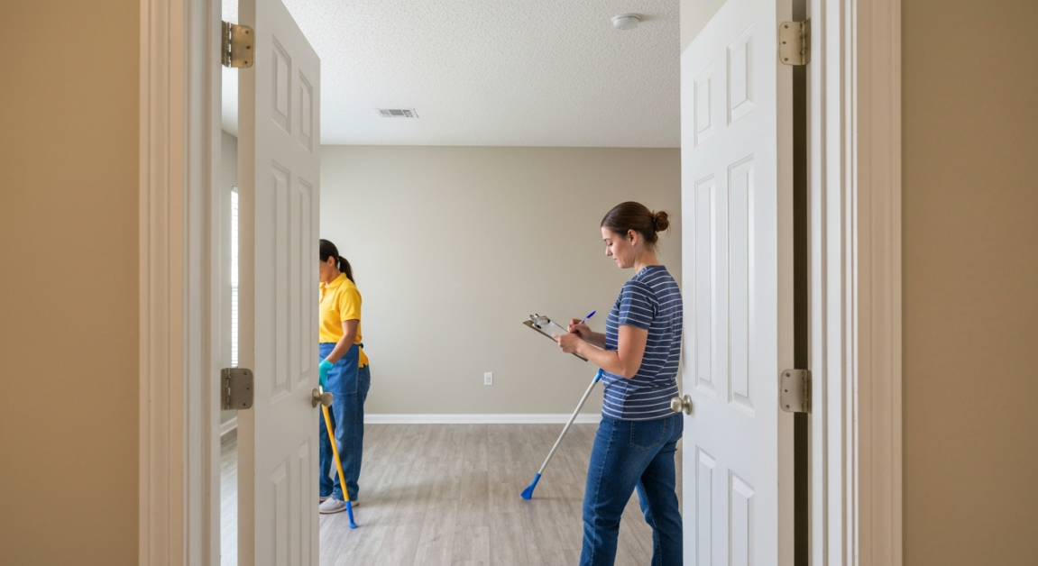 Professional cleaner checking checklist during walkthrough preparation in an Orlando apartment, highlighting inspection readiness.